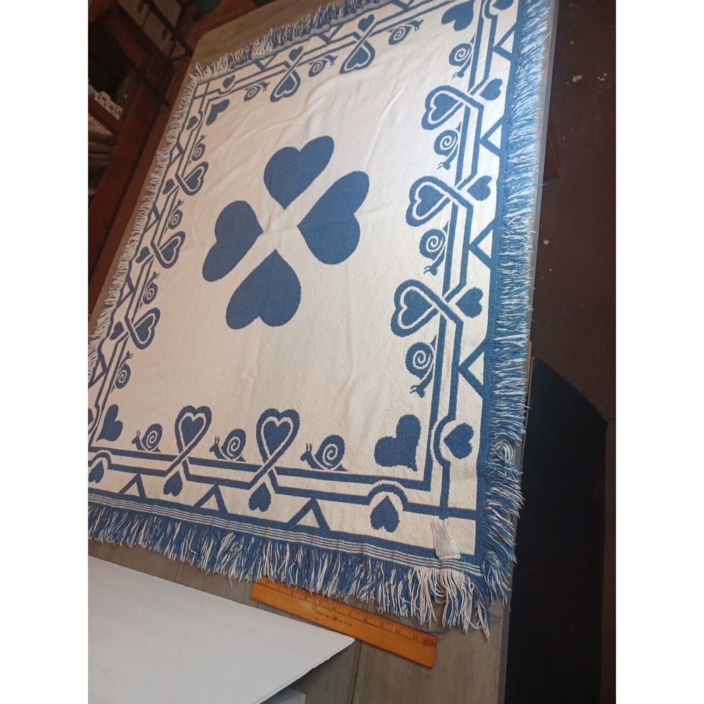 Blue & Cream Reversible Blanket/Throw Made In Spain Hearts & Snails - Picture 11 of 16